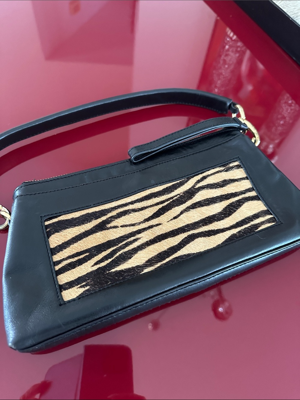 Kate Landry Black Leather Mini Shoulder Bag with Zebra Haircalf Panel